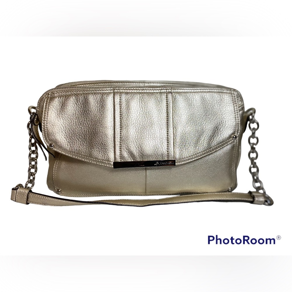 B. Makowsky Shoulder Handbag Gold Leather Metallic Chain Strap
